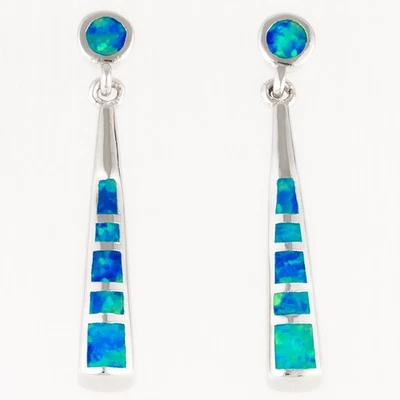 Stick Shape Ocean Blue Fire Opal Silver Jewelry Drop Pierced Earrings - Image 1 of 4