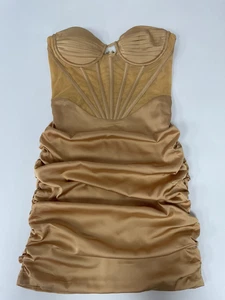 Oh Polly Rushed Corset Mini Dress Satin Skirt Mesh Corset Strapless Gold Size 8 - Picture 1 of 9