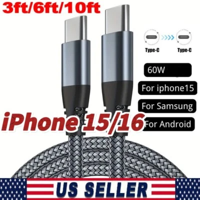 60W USB-C to USB-C Cable Fast Charger TypeC PD Nylon Cord For iPhone 15 Samsung  - Image 1 of 4