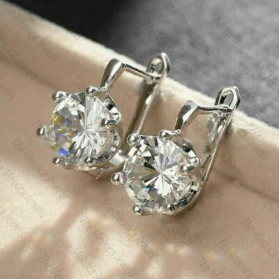2.44 TCW Round Cut Moissanite Lever Back Women's Earrings 14k White Gold Plated - Image 1 of 4