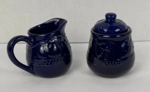 Cobalt Blue Ceramic Sugar and Creamer Set, Fruit Grapes Strawberry - Picture 1 of 16