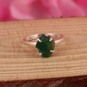 Rough Emerald Gemstone 925 Sterling Silver Engagement Band Ring Gift For Her - Picture 1 of 5