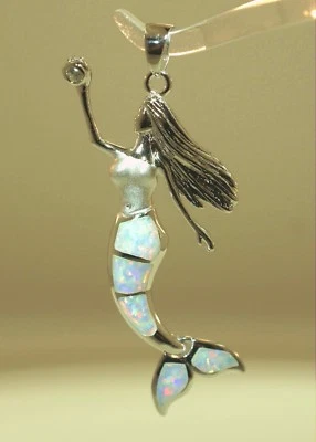 28MM RHODIUM 925 SILVER INLAID WHITE OPAL WIGGLING HAWAIIAN MERMAID CZ PENDANT - Image 1 of 4