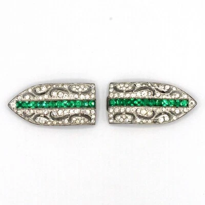 Art Deco Sash Buckle Pave Paste Green Rhinestone Belt  Silver Pot Metal - Image 1 of 4