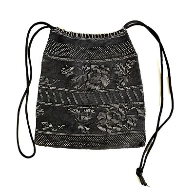 Antique Victorian Floral Micro Beaded Crochet Reticule Drawstring Handbag Purse - Image 1 of 4