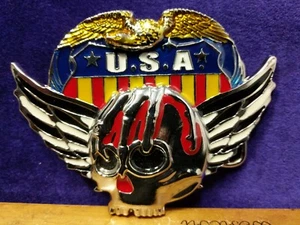 Great/Fun/Fashionable Belt Buckle U.S.A. Skull With Wings Freedom Silvertone  - Picture 1 of 3