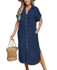 Size L Women's Denim Short Sleeve Button Down Cover Up Dress - Cupshe - Picture 1 of 3
