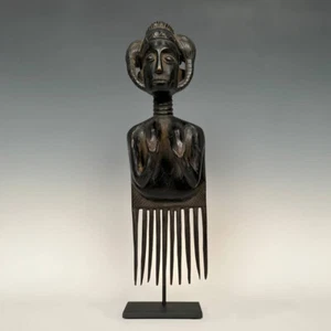 AFRIKANISCHER ZEREMONIELLER HOLZKAMM AUF METALLSOCKEL ASHANTI GHANA WESTAFRIKA 20. JH. - Bild 1 von 4
