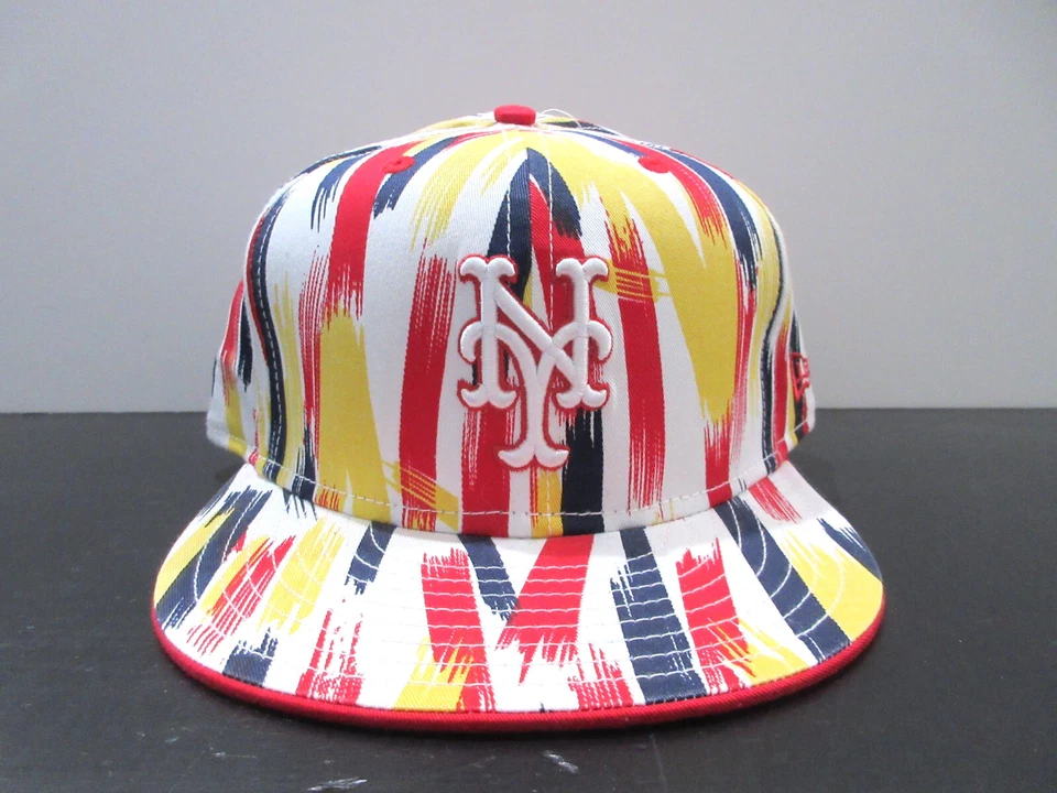 New York Mets Hat Cap Fitted Mens 7 5/8 Red Yellow Baseball All Over Print - Image 1 of 4