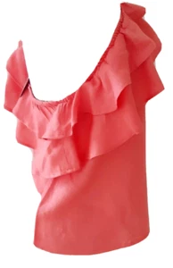 Damen Sommer Urlaub Top UK korallenrosa einschulterige Leinen Rüsche Bluse Damen - Bild 1 von 7