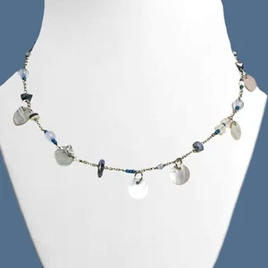 Lia Sophia Necklace Castaway Blue Beaded Shell Disc Silver Tone Chain Dainty - Picture 1 of 6