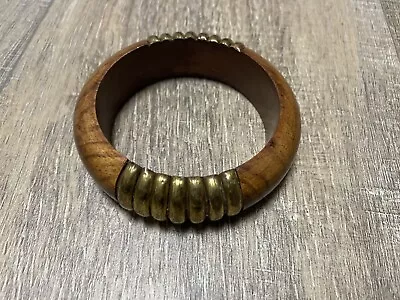 Vintage Chunky Wooden Brass Bangle Bracelet Boho Carved Dark Brown Mid Century - Image 1 of 4