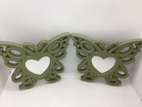 Vintage 2 Pc. Set Home Interiors Mint Green Butterflies W/Heart Mirrors Inserts Cover