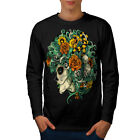 Wellcoda Beautiful Flower Skull Mens Long Sleeve T-Shirt,  Graphic Design