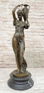 Greek Roman Woman Waterbearer Water Jug Bronze Statue Sculpture Figure on Marble - Picture 1 of 10