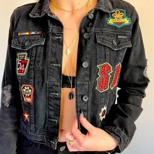 SUPERDRY Jacket NWT Women Size 8 Trucker Jean Patches Denim Black - Picture 1 of 13