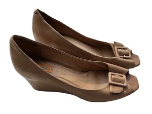 Miz Mooz Vintage Nude Wedge Heels Sz 8 Buckle Square Peep Toe Leather - Picture 1 of 16