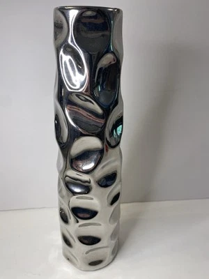 Ваза серебристая металлическая керамическая пузырьковая текстура DecMode 12 дюймов современный акцент - Изображение 1 из 4