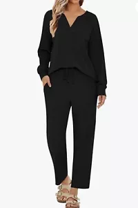 Conjunto de pijama tejido gofre para mujer ropa de dormir manga larga y pantalones largos grandes negros - Imagen 1 de 2