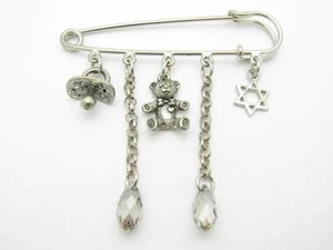 Silver Plated Pacifier Teddy Bear Star of David Kabbalah Baby Pin For Stroller - Picture 1 of 1