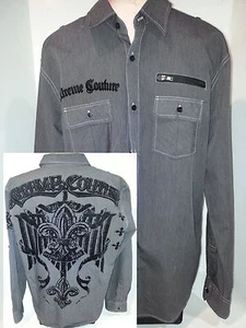 Extreme Couture Mens Long Sleeve Button Front Shirt Size XL Black & Gray Cotton - Picture 1 of 11