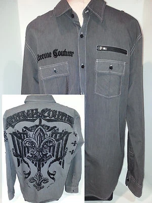 Мужская рубашка Extreme Couture с длинным рукавом на пуговицах спереди размер XL черный и серый хлопок - Изображение 1 из 4