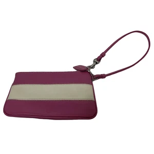 Coach Clutch Handgelenktasche rosa weiß gestreift Leder mit Logo Etikett Reißverschluss S neu - Bild 1 von 9