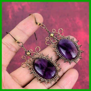 Copper Oval Star Amethyst Gemstone Wire Wrapped New Dangle Drop Earrings Jewelry - Picture 1 of 6