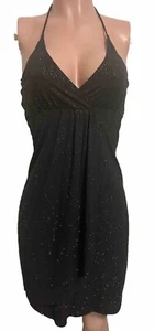 Y2K Black Sparkly Rhapsody Halter Wrap Drape Gothic Mini Cleavage Dress Glam M - Picture 1 of 11