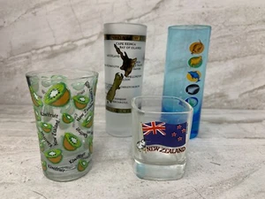 AOTEAROA NEW ZEALAND Shot Glasses 4 Souvenir Shot glasses Kiwi Map Fish Flag - Picture 1 of 2