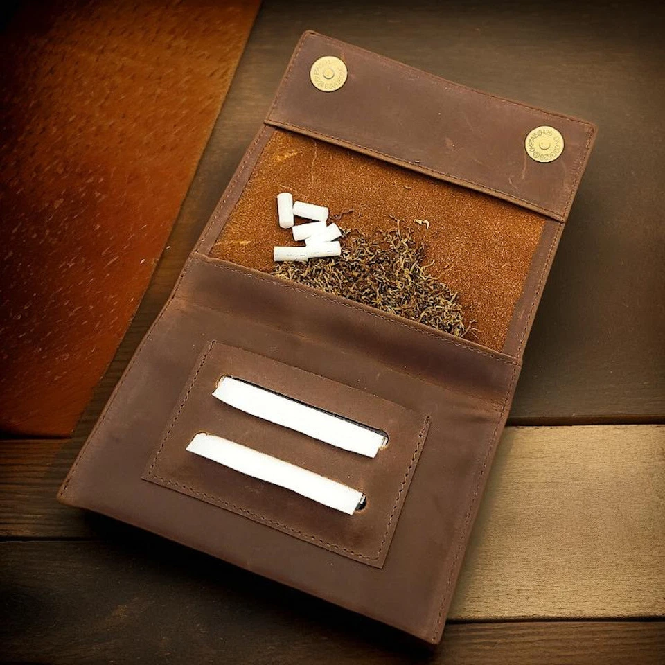 WOOD-BAG echt Leder Tabakbeutel Tabaktasche Tabak Etui Beutel mit Blättchen Fach braun