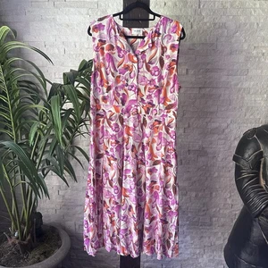 ST. JOHN Pleated Watercolor Purple Coral Floral Print MIDI Silk Dress Size 14 - Picture 1 of 9