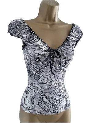 Jane Norman Y2K Milkmaid Gypsy Top – Black & Grey Floral Print Casual Size 8 - Image 1 of 4