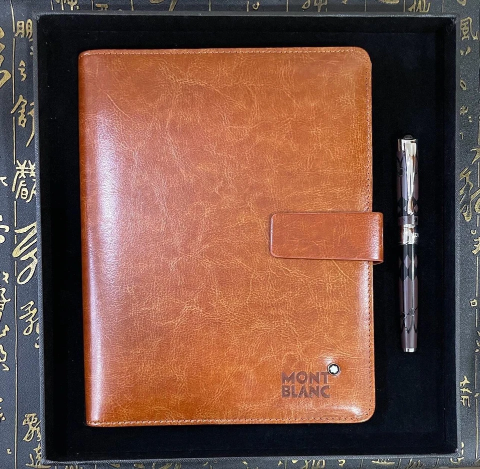 Montblanc Marrón Cuero Premium Cuaderno y Bolígrafo Lujo Set de Regalo Foto 1 de 4