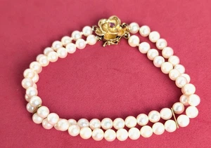Vtg 14K Gold Double Strand  5mm Akoya Pearl Bracelet 14k  Ruby Floral Clasp 7" - Picture 1 of 11