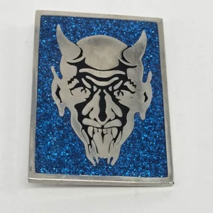 Belt Buckle Devil Demon Satan Face Enamel Blue Glitter Silver Black PSC 1979 - Picture 1 of 10