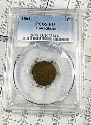 Centavo cabeza india fino 15 BN 1864 L en cinta PCGS, 1¢ bonita moneda fecha semi clave Foto 1 de 4