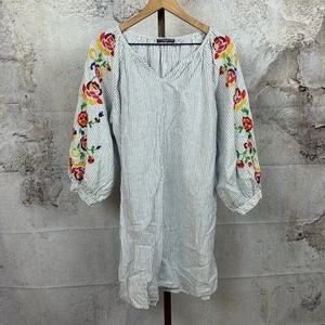 CHELSEA & THEADORE linen embroidered dress size M coastal cowgirl floral striped - Picture 1 of 5