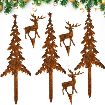 6Er Set Rost Tannenbaum Mit Gartenstecker - Hirsch Deko Weihnachtsbaum Lilienbur - Bild 1 von 4
