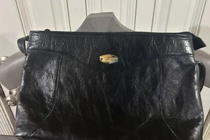 Vintage Aigner Zip Top Black Leather  Shoulder Bag Purse Gold Details - Picture 1 of 7