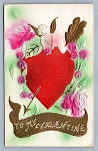 POSTAL ANTIGUA EN RELIEVE A MI VALENTÍN CUPIDO en FLORES con CORAZÓN - Imagen 1 de 2