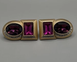Monet Women’s Clip On Earrings Gold Tone Faceted Purple Pink Crystals Glam 1.5” - Picture 1 of 9