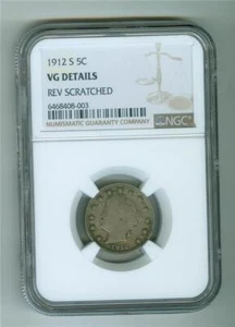 U.S. 1912-S LIBERTY HEAD V NICKEL NGC VG DETAILS REV SCRATCHED - Picture 1 of 2