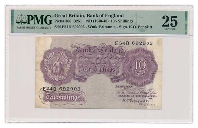 Billete de GRAN BRETAÑA 10 chelines 1940 PMG VF 25 muy fino Foto 1 de 4