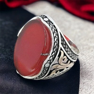 925k Sterling Silver Natural Flat Red Agate (Aqeeq) Men's Ring -Outstanding - Image 1 of 4