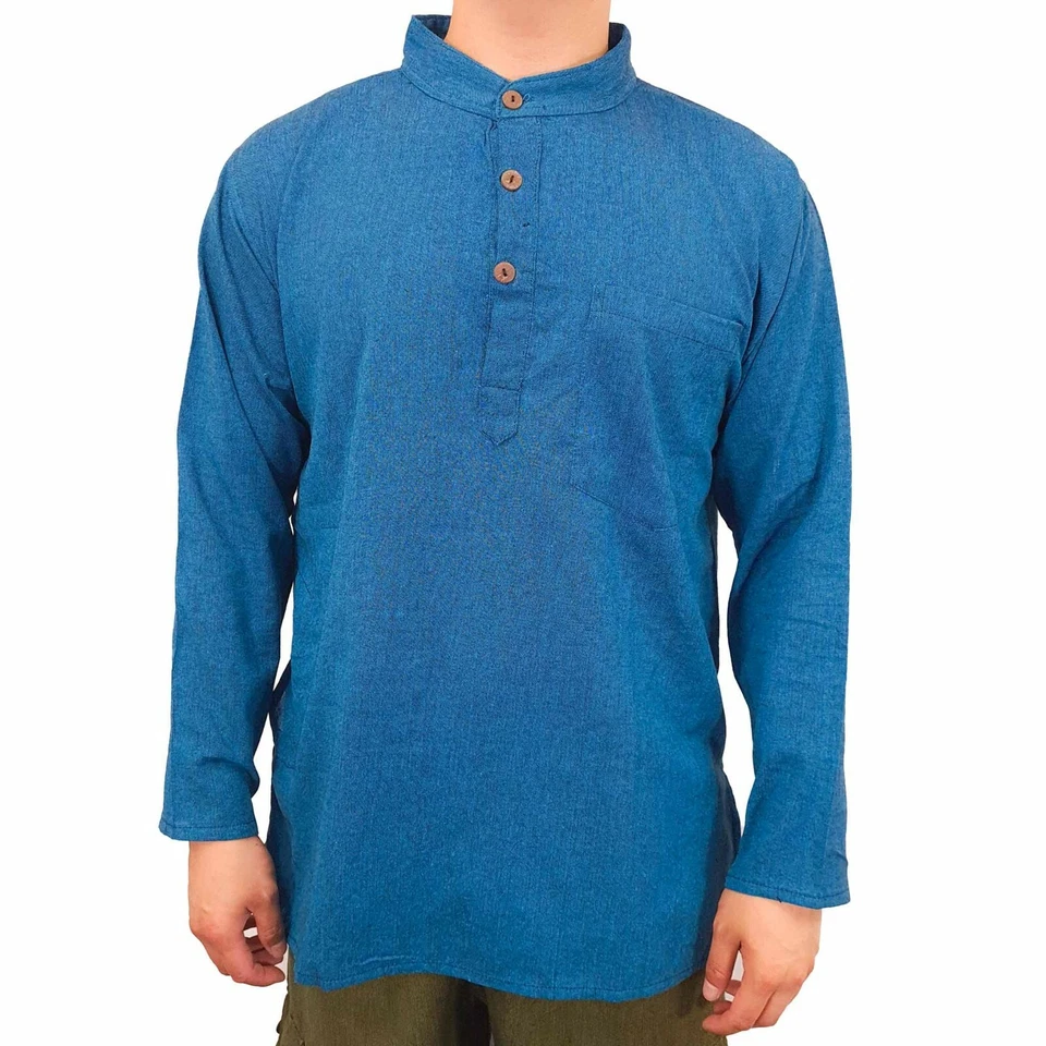 Мужская синяя рубашка с длинным рукавом Kurta индийская одежда Непал простая этническая хиппи богемное - Изображение 1 из 1