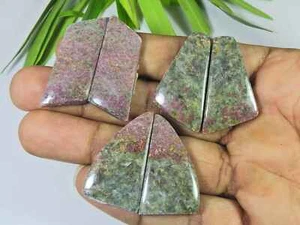 Natural Rhodonite Matched Earring Pair 03Pcs Cabochon Loose Gemstone 34-36MM - Picture 1 of 9