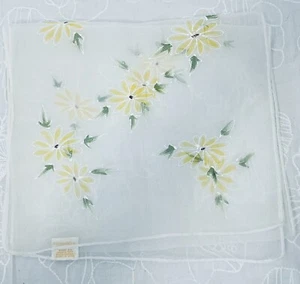 Vtg GLENTEX Sheer White Chiffon Scarf - Hand Painted Yellow Daisies - 36" Oblong - Picture 1 of 3