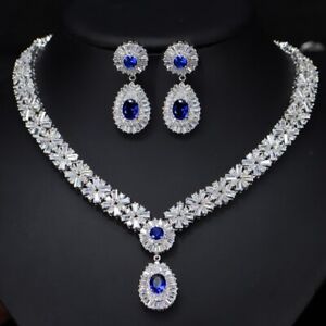 Sparking Flower Jewelry Sets Fire Emerald Blue Topaz Silver Necklaces Earrings