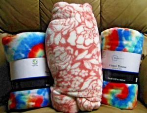 2 Extra Soft Warm Fleece Heat Plush 50" x 60" Tie Dye & 1 PINK FLORAL THROW - Picture 1 of 8